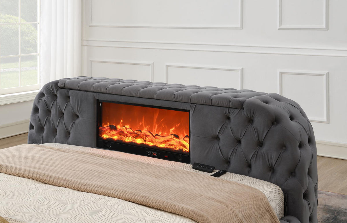 Gray Velvet Bed with Fireplace, TV Mount & Bluetooth