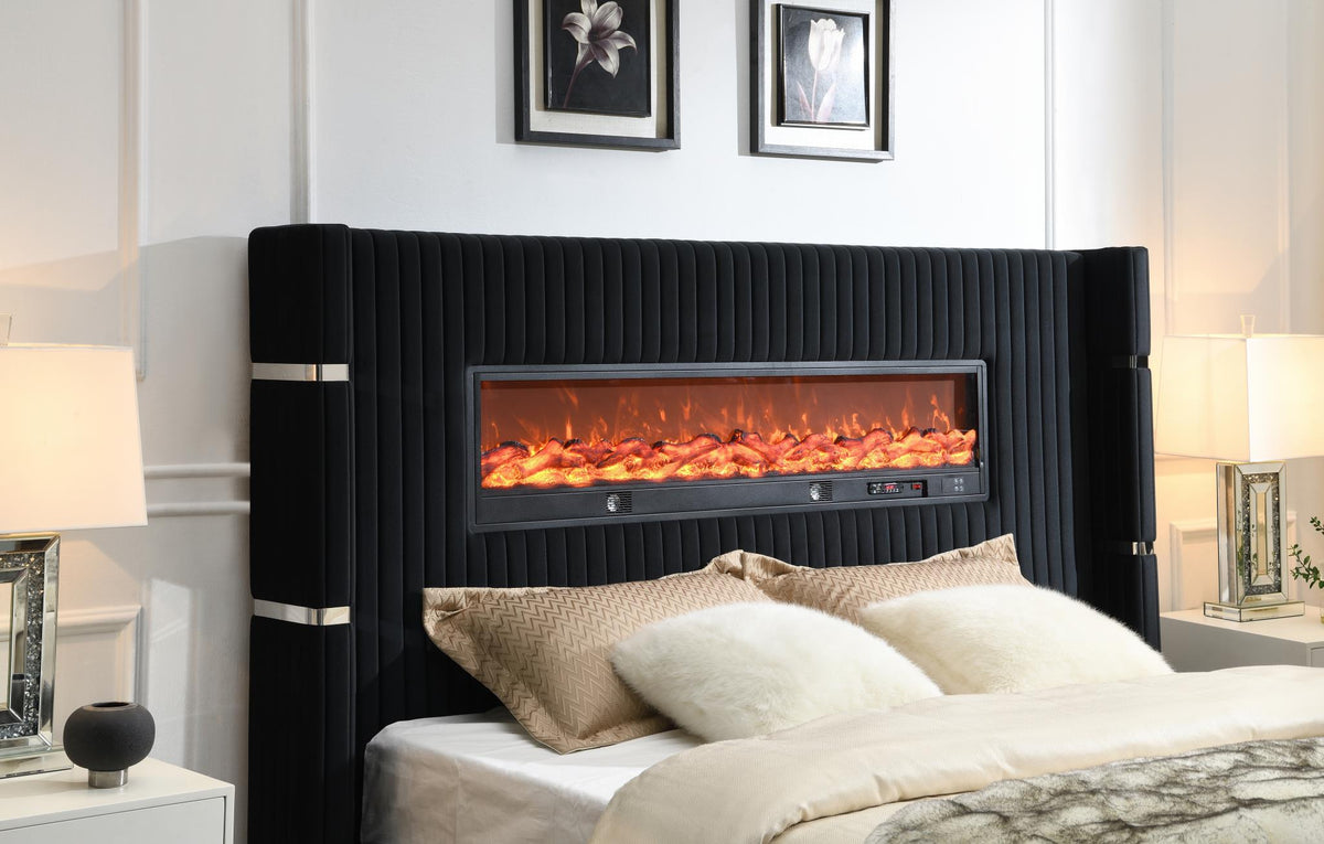 Black Velvet Bed with Fireplace & Bluetooth Speaker