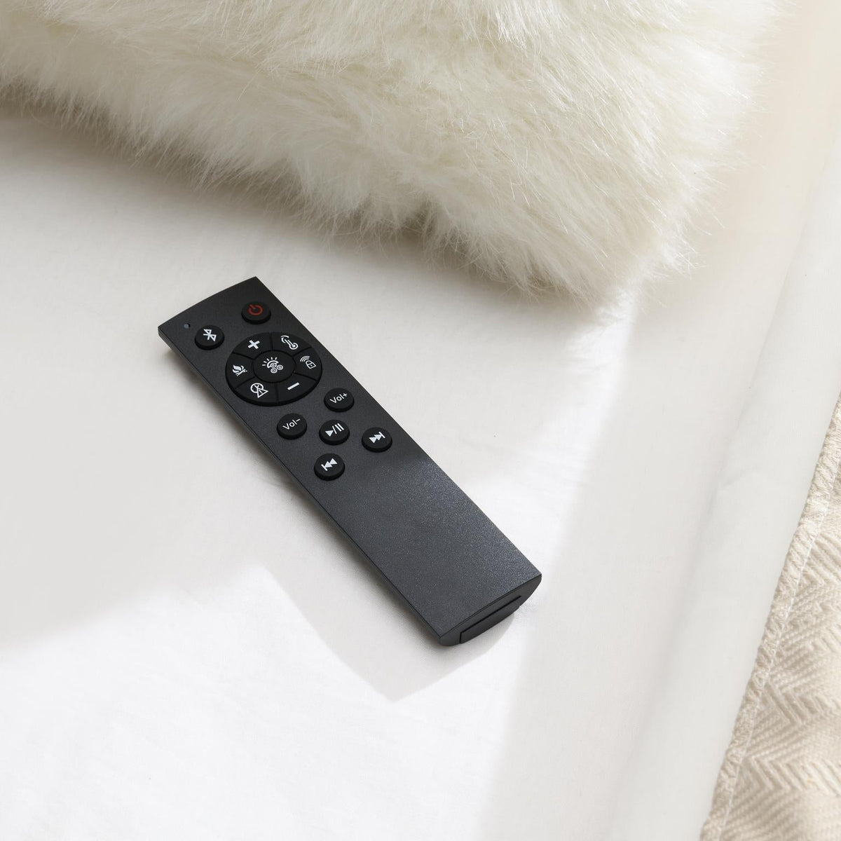 Black Velvet Bed with Fireplace & Bluetooth Speaker