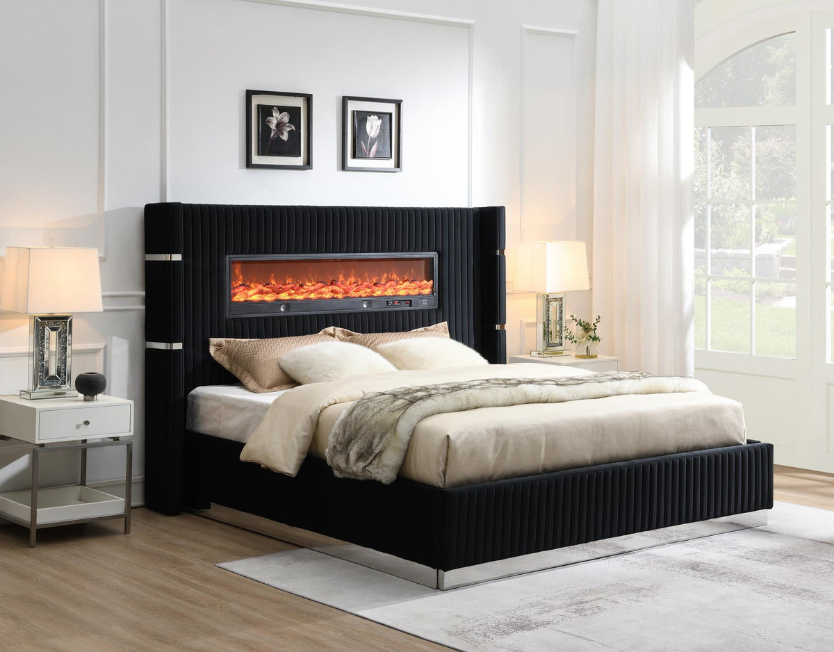 Black Velvet Bed with Fireplace & Bluetooth Speaker