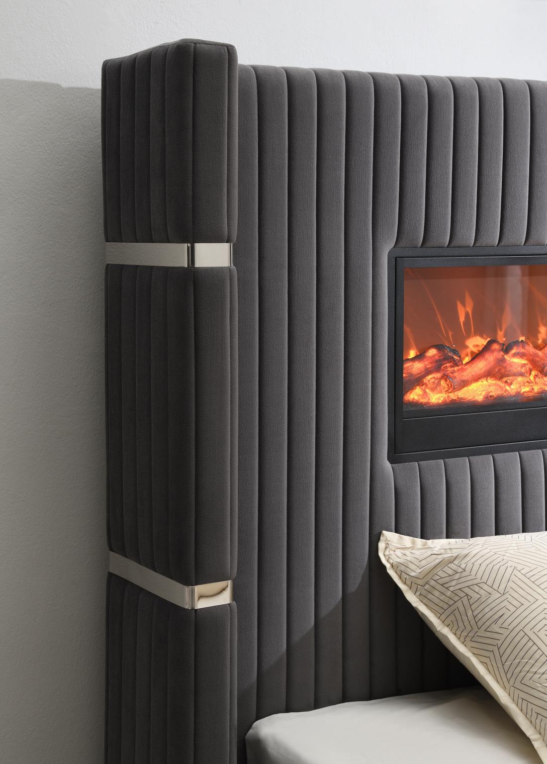 Black Velvet Bed with Fireplace & Bluetooth Speaker