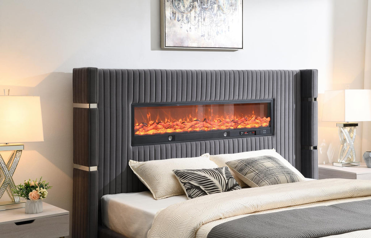 Gray Velvet Bed with Fireplace & Bluetooth Speaker