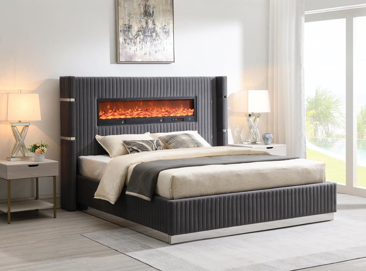 Gray Velvet Bed with Fireplace & Bluetooth Speaker