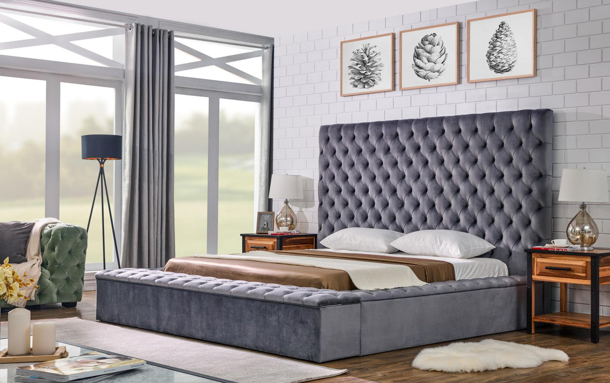 Gray Velvet Upholstered Bed