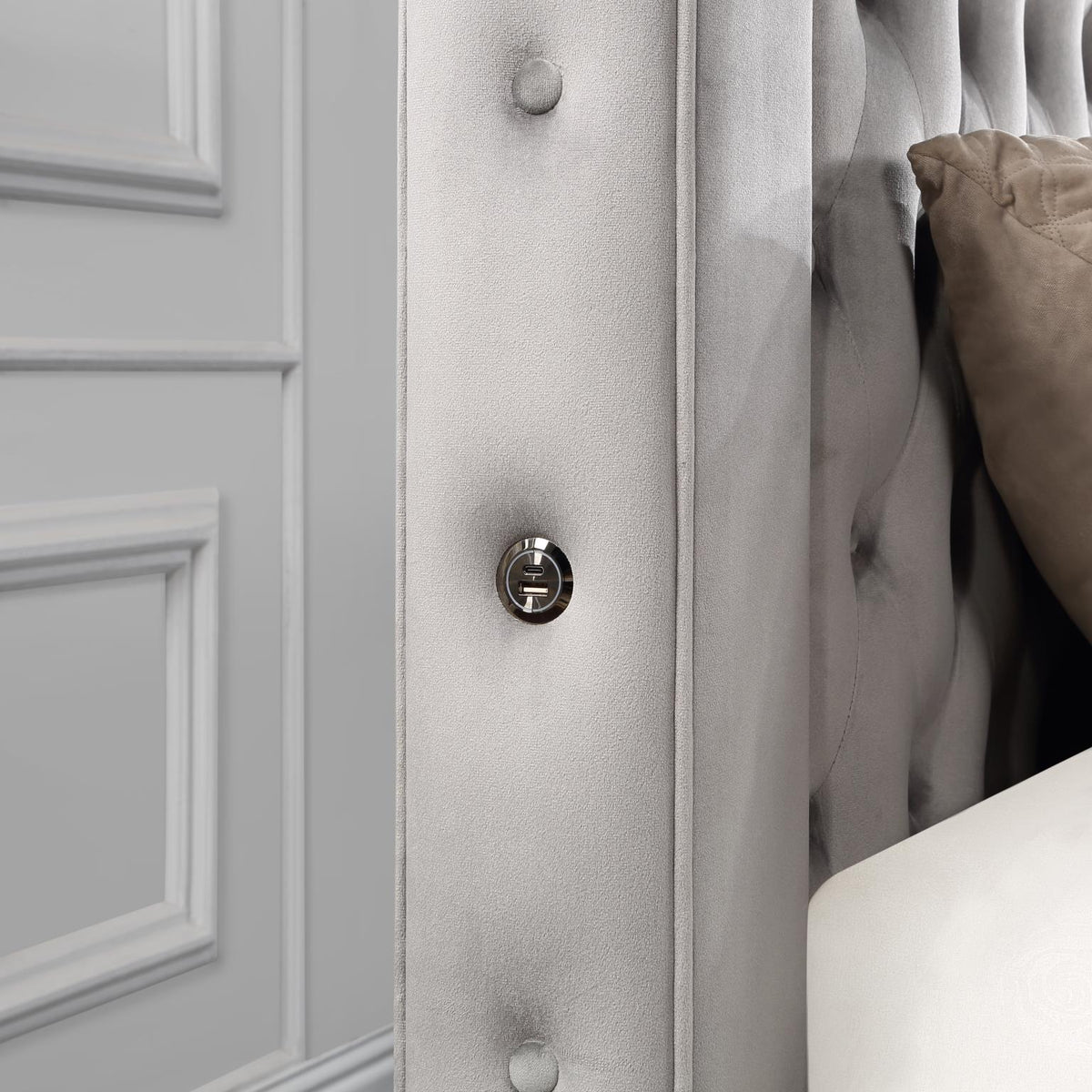 Gray Velvet Canopy Bed with Bluetooth & USB