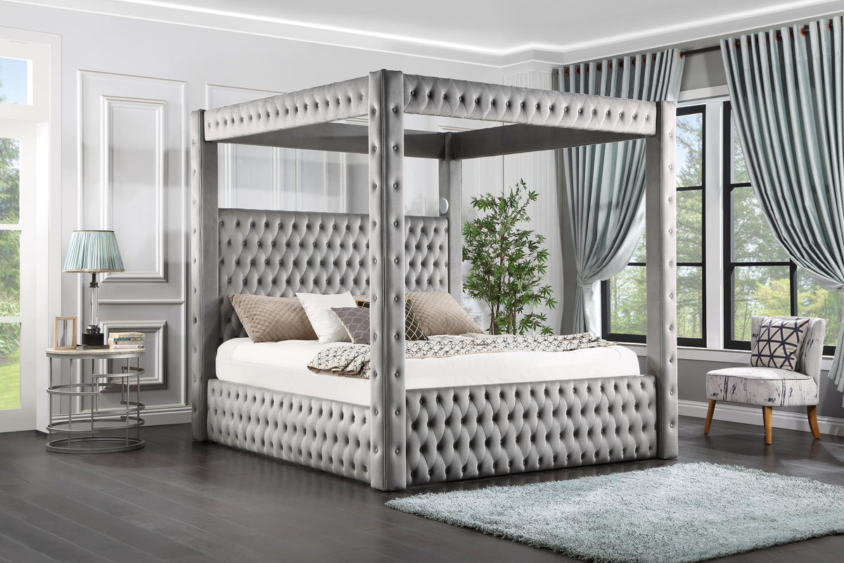Gray Velvet Canopy Bed with Bluetooth & USB