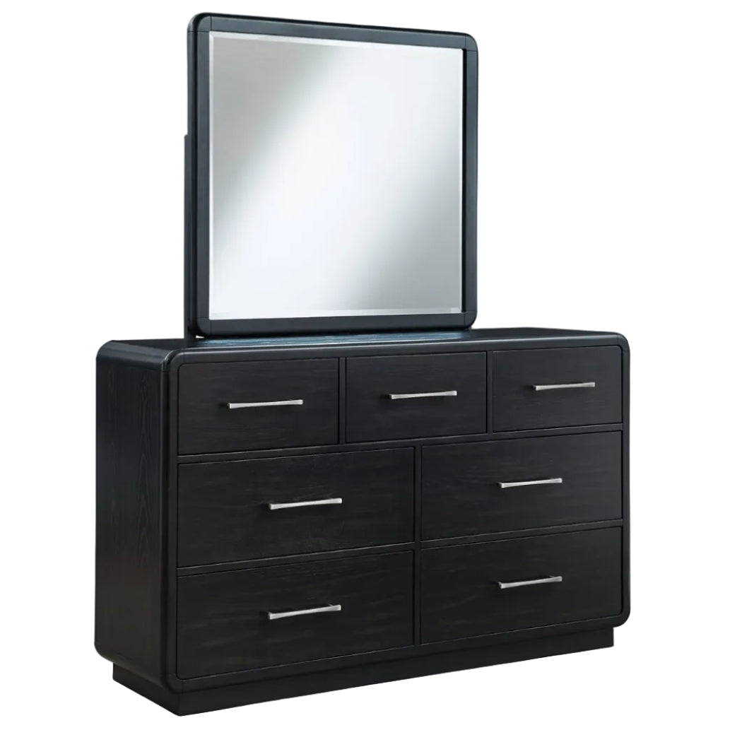 Rowanbeck California King Upholstered Panel Bed, Dresser, Mirror, Chest and Nightstand