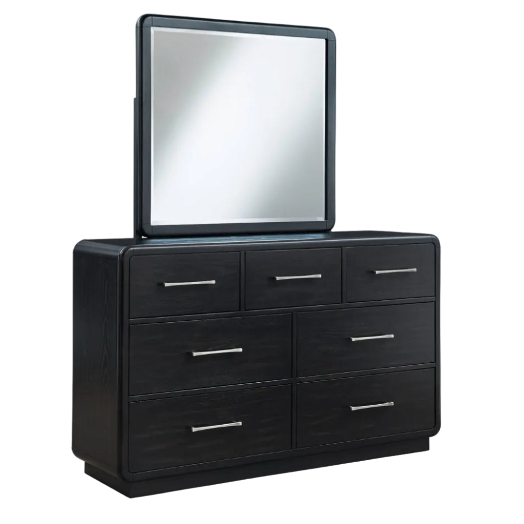 Rowanbeck King Upholstered Panel Bed with Mirrored Dresser