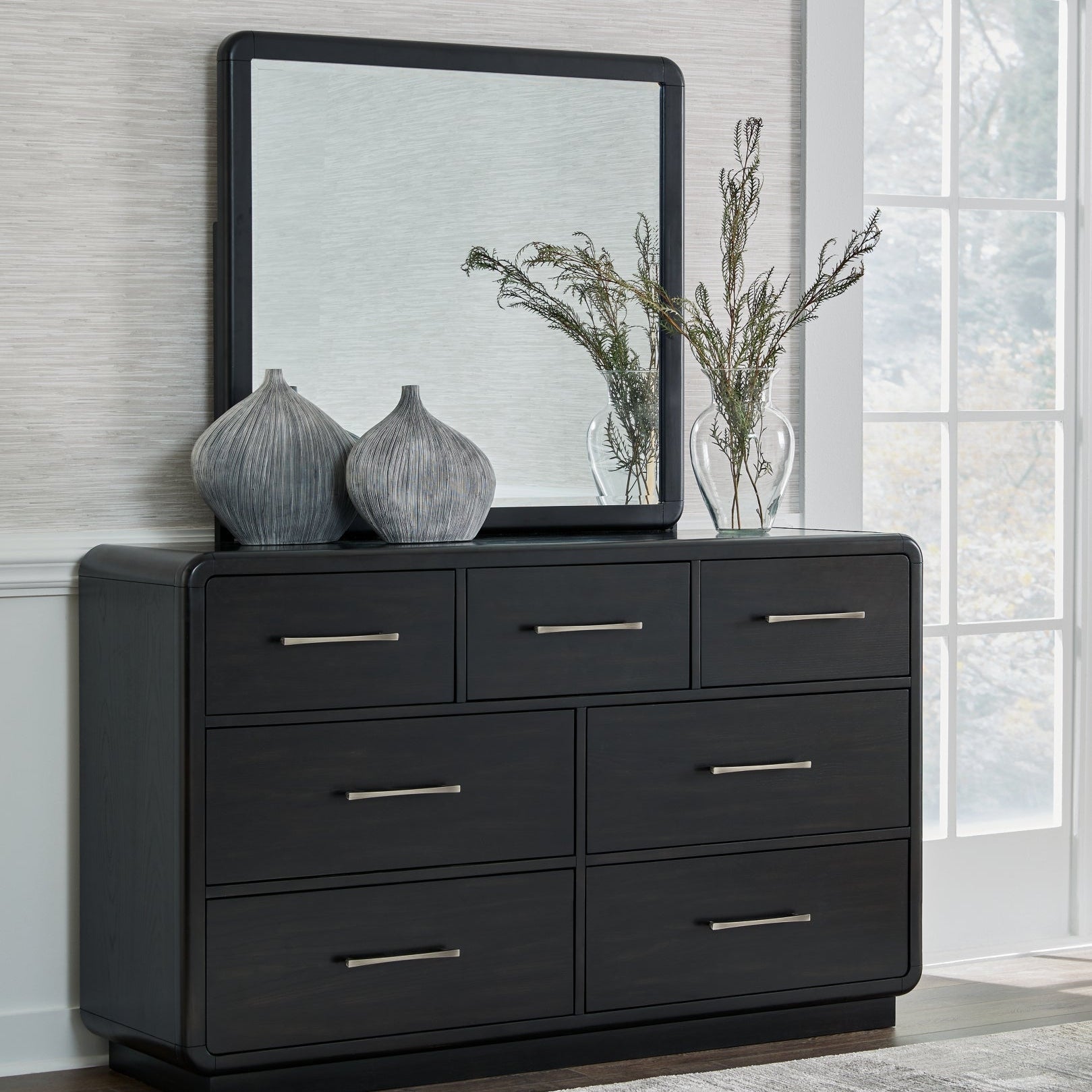 Rowanbeck California King Upholstered Panel Bed with Mirrored Dresser