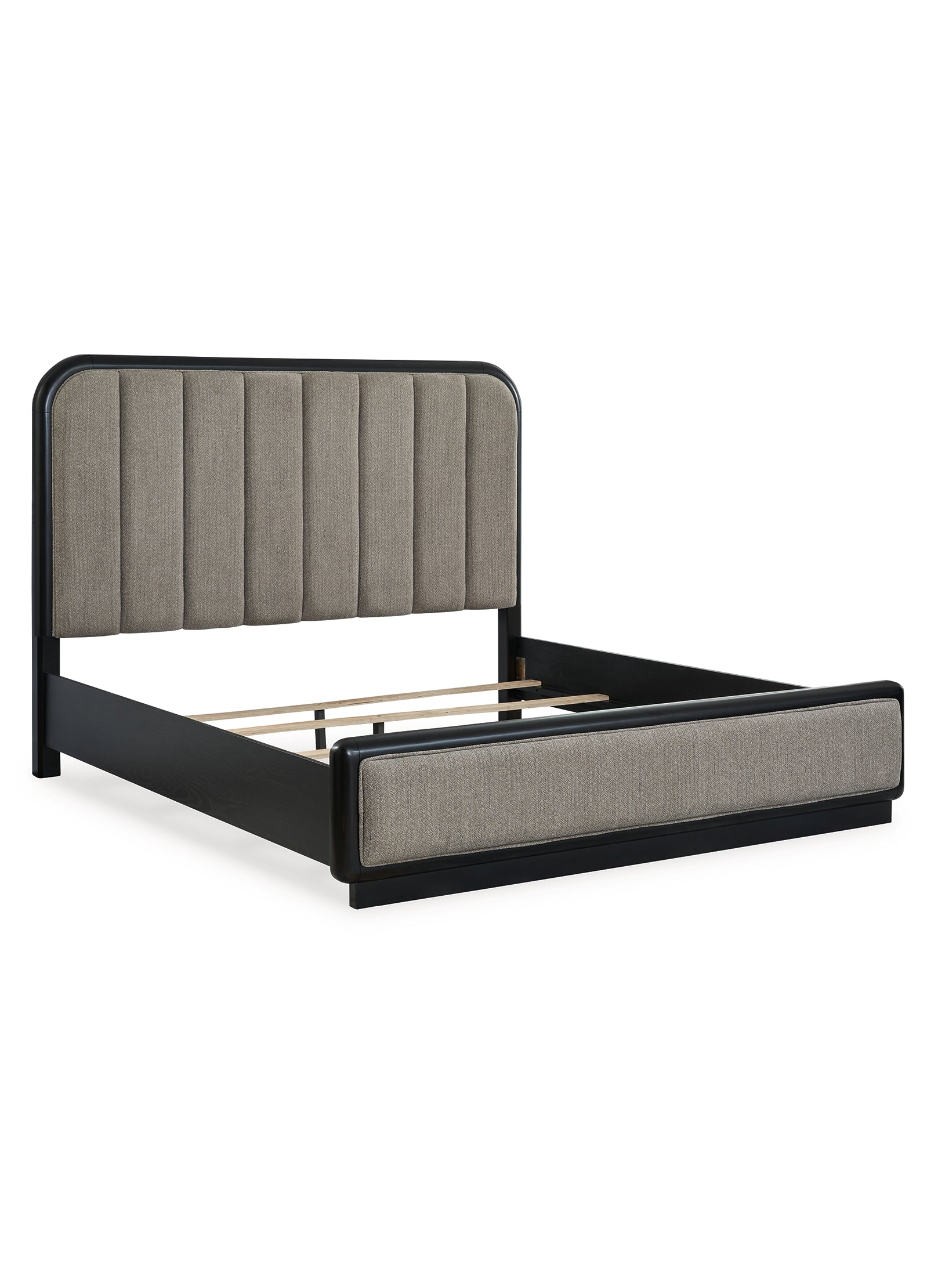 Rowanbeck California King Upholstered Panel Bed with Mirrored Dresser