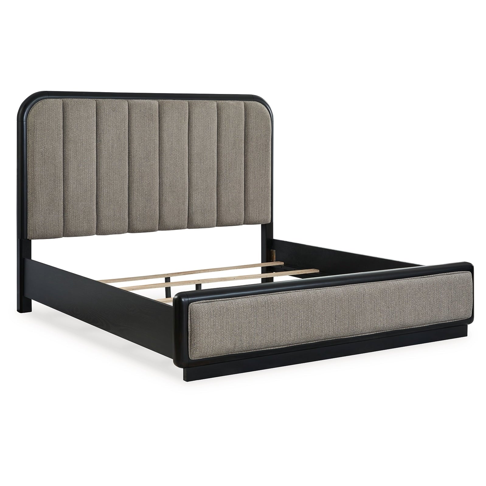 Rowanbeck King Upholstered Panel Bed with Mirrored Dresser