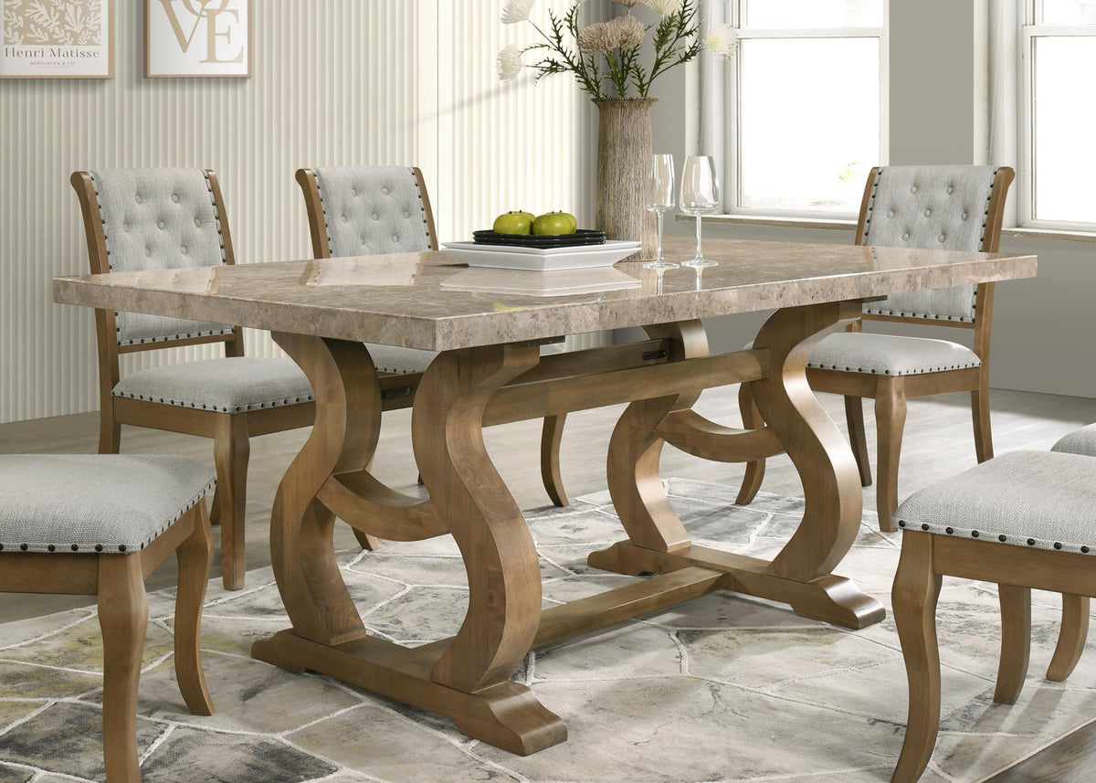 Antique Oak Dining Set with Golden Flower Marble Top