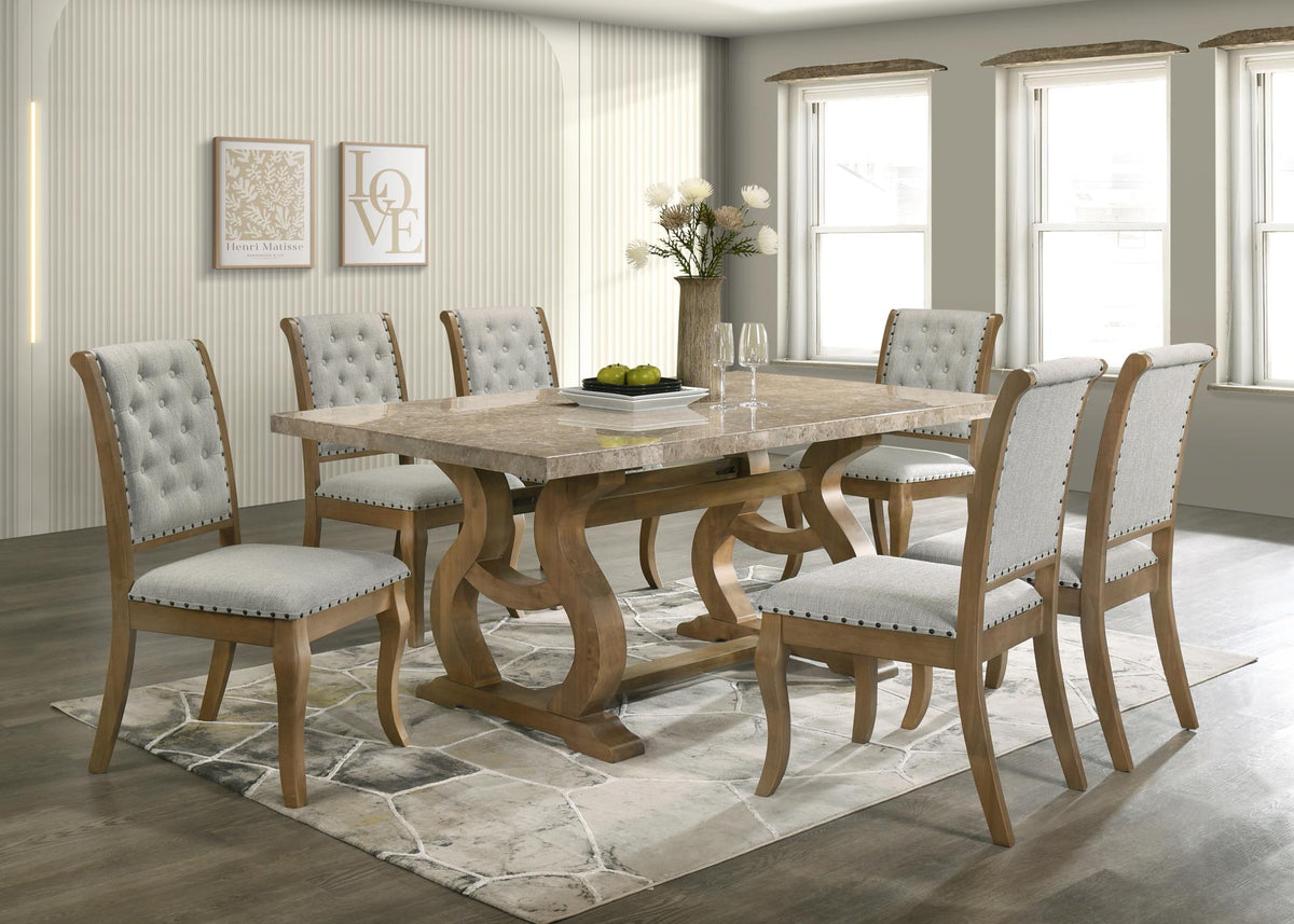 Antique Oak Dining Set with Golden Flower Marble Top