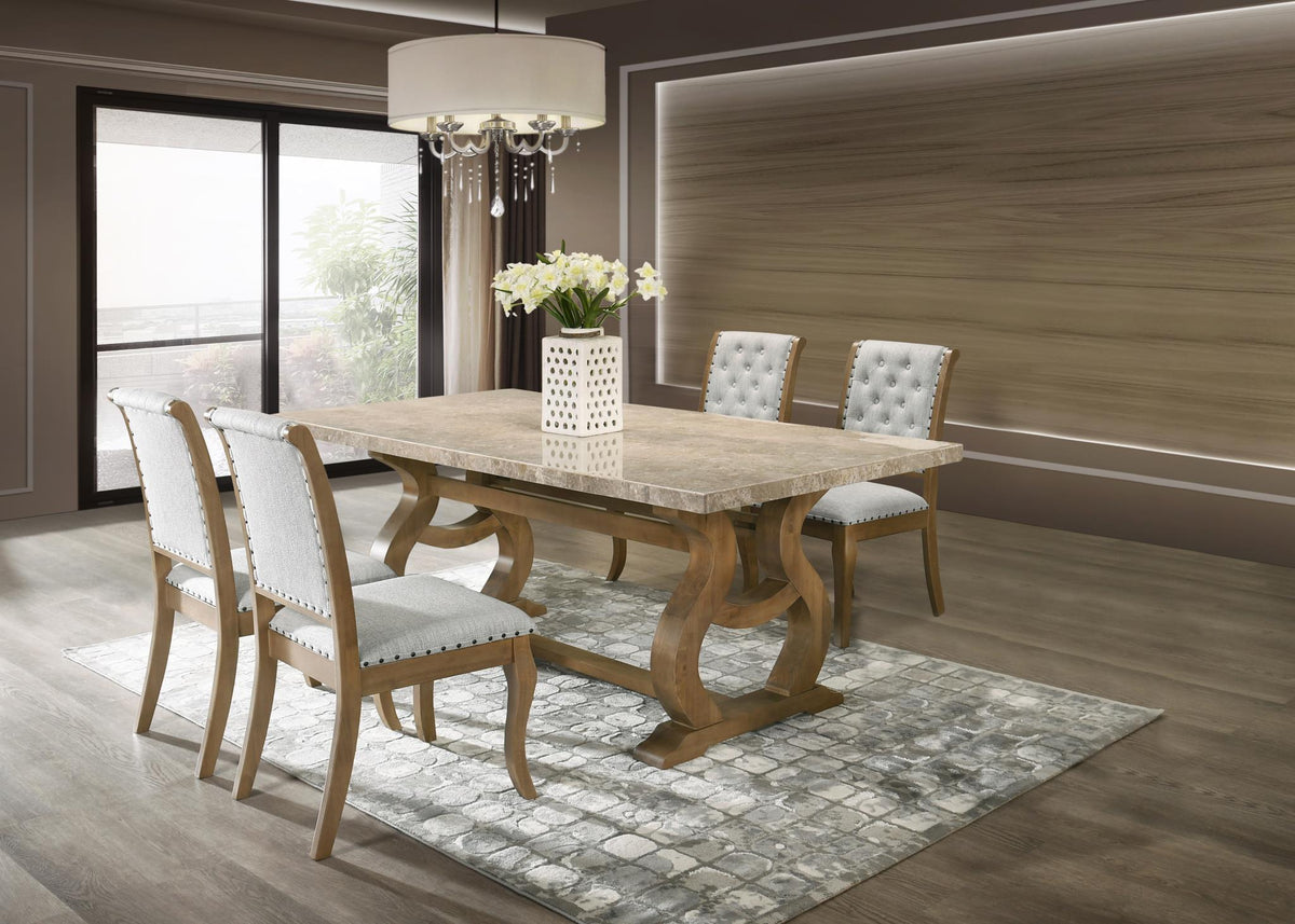Antique Oak Dining Set with Golden Flower Marble Top