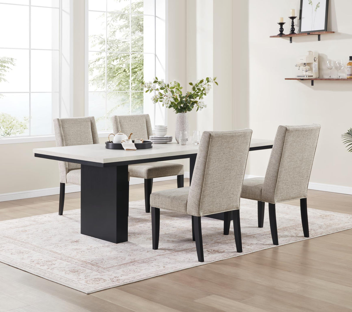 Black & Ivory Dining Table with Upholstered Chairs