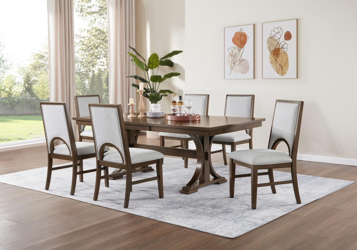 Cherry Dining Table with Light Gray Upholstered Chairs