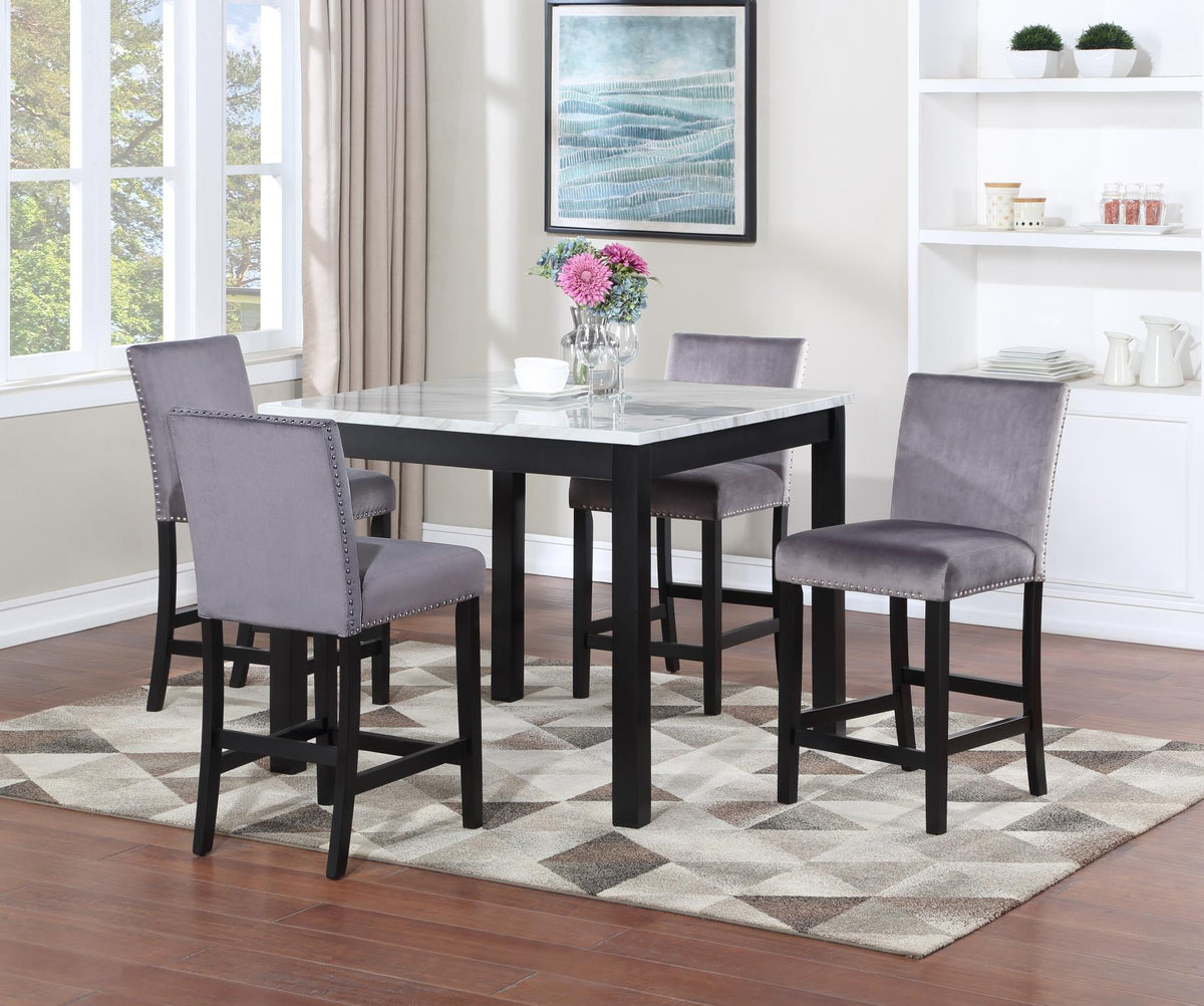 White Marble Dining Table with 4 Gray Velvet Chairs
