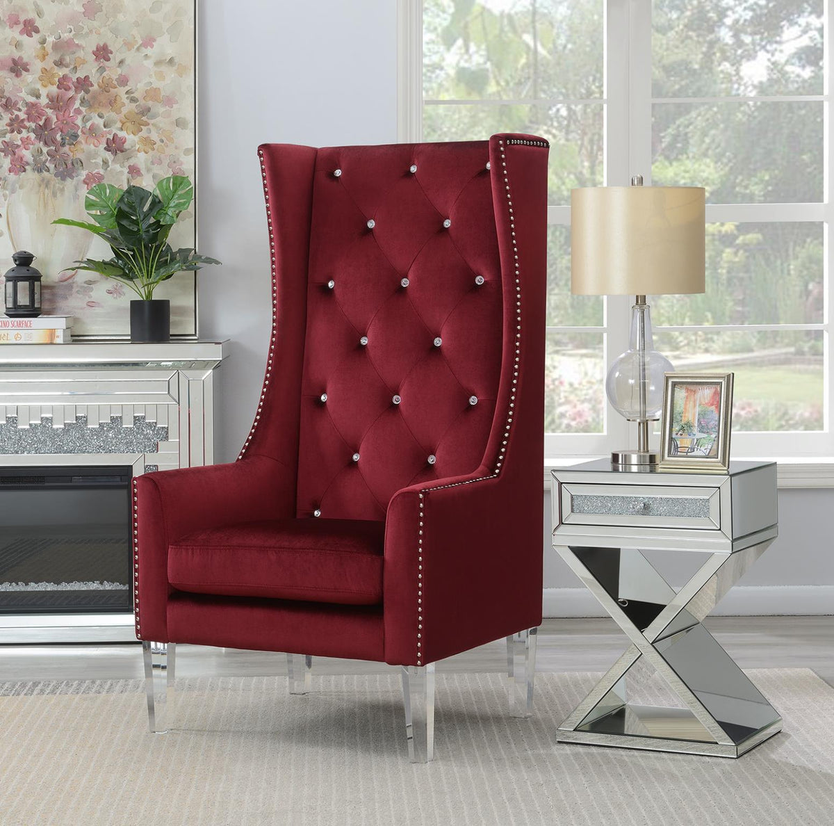 High-Back Velvet Wing Chair with Acrylic Legs