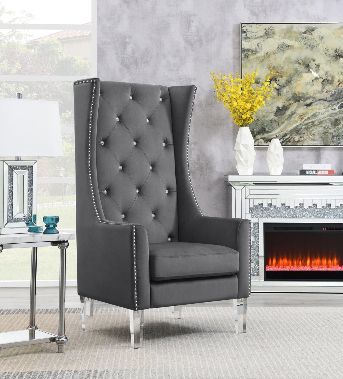 High-Back Velvet Wing Chair with Acrylic Legs