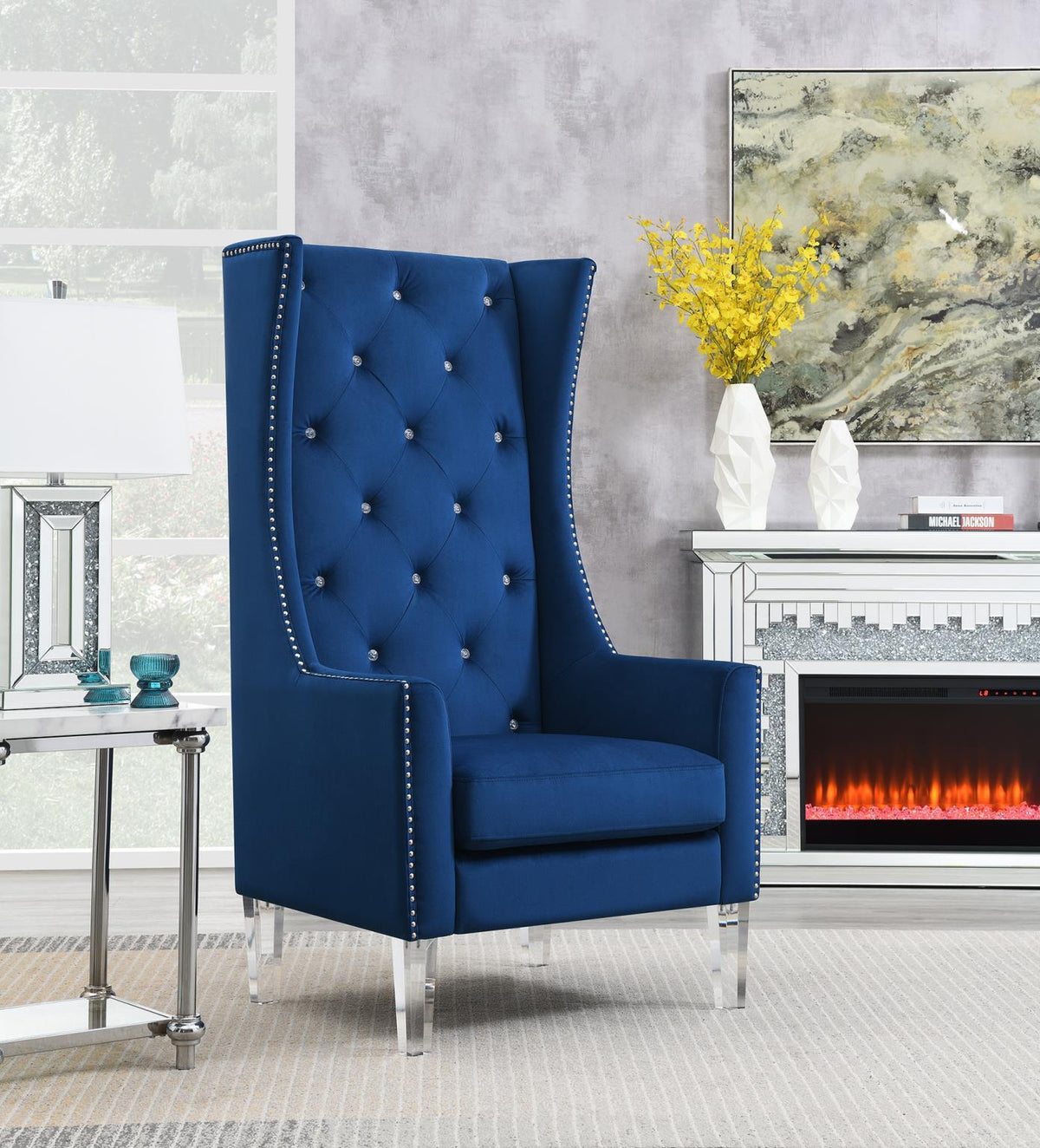 High-Back Velvet Wing Chair with Acrylic Legs