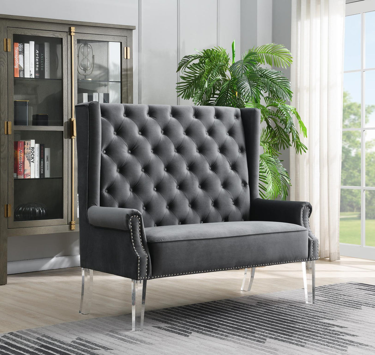 High-Back Velvet Wing Bench with Acrylic Legs