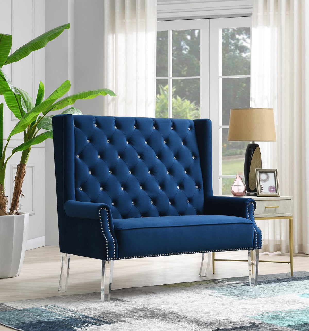 High-Back Velvet Wing Bench with Acrylic Legs
