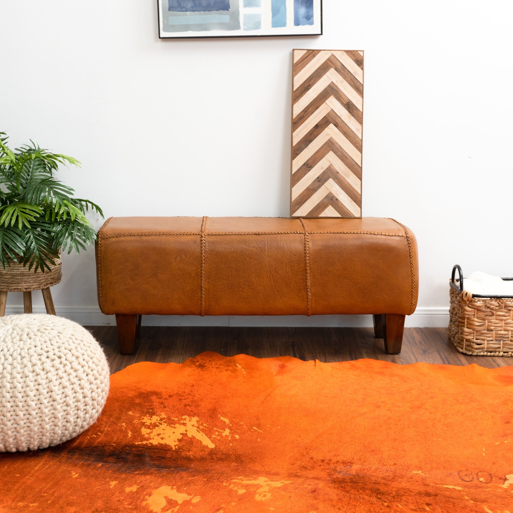 Moicor Tan Leather Modern Living Room Bench
