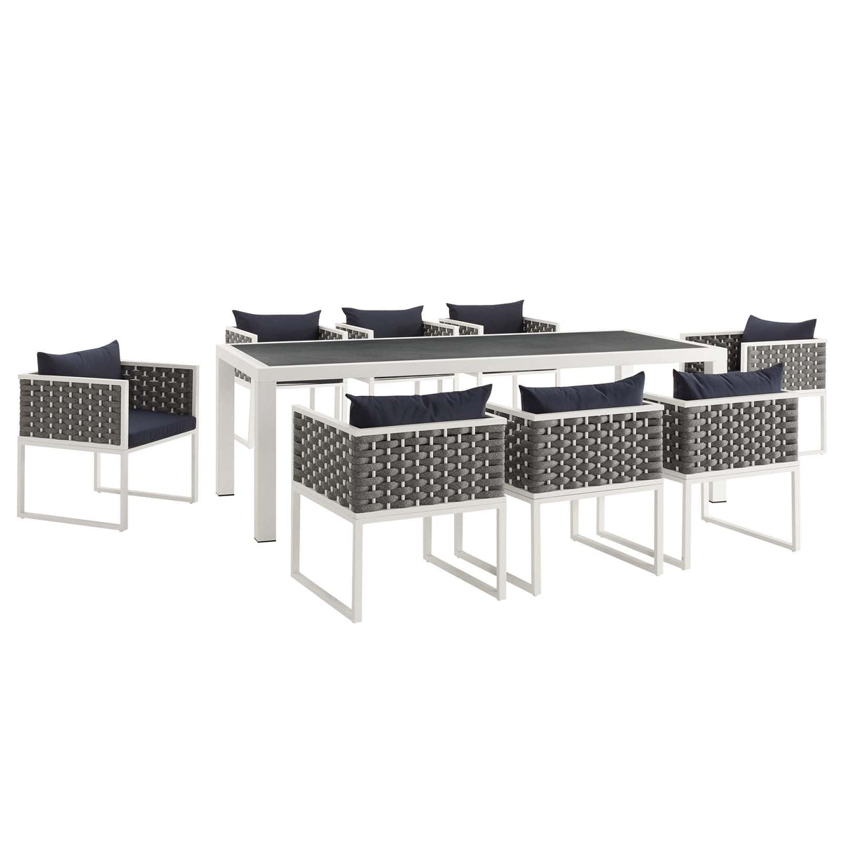Stance 9 Piece Outdoor Patio Aluminum Dining Set, White Navy - view 1
