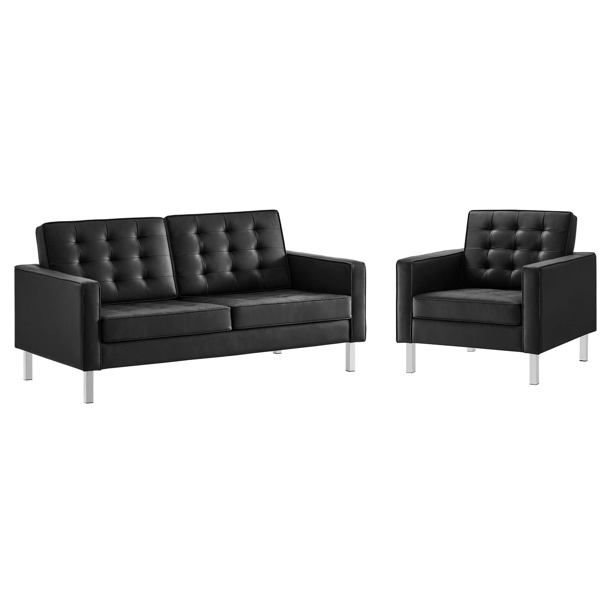 Loft Tufted Upholstered Faux Leather Loveseat and Armchair Set