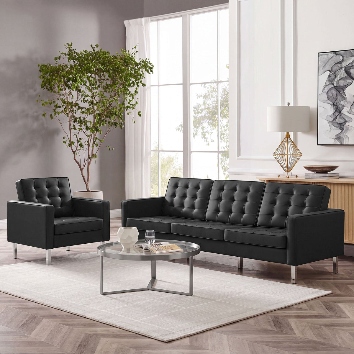 Loft Tufted Upholstered Faux Leather Sofa and Armchair Set