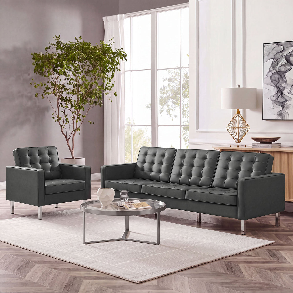 Loft Tufted Upholstered Faux Leather Sofa and Armchair Set