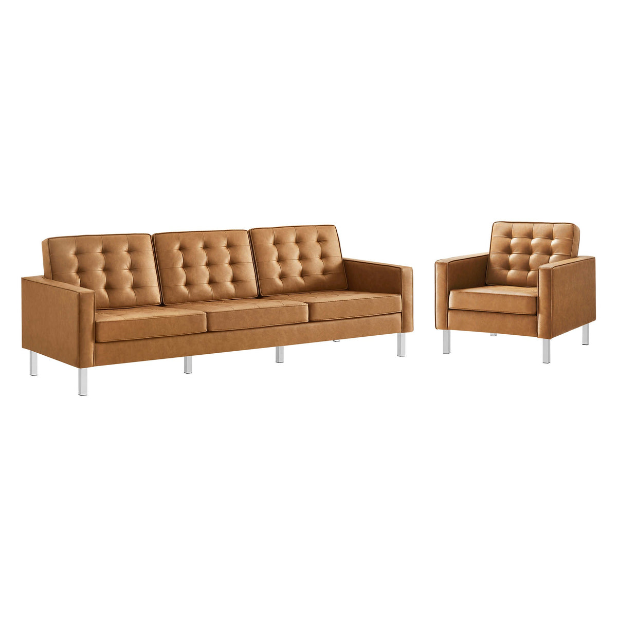 Loft Tufted Upholstered Faux Leather Sofa and Armchair Set