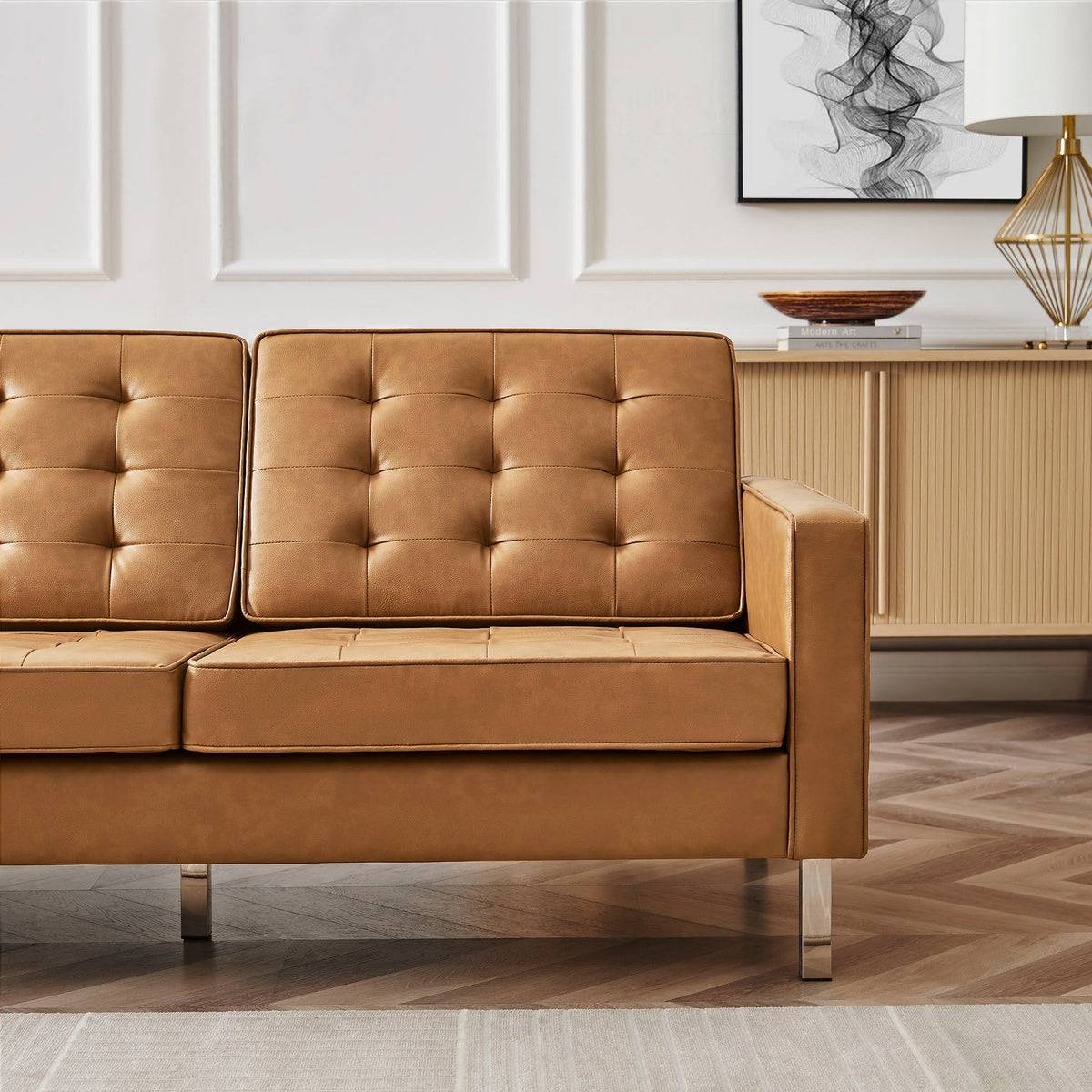 Loft Tufted Upholstered Faux Leather Sofa and Armchair Set