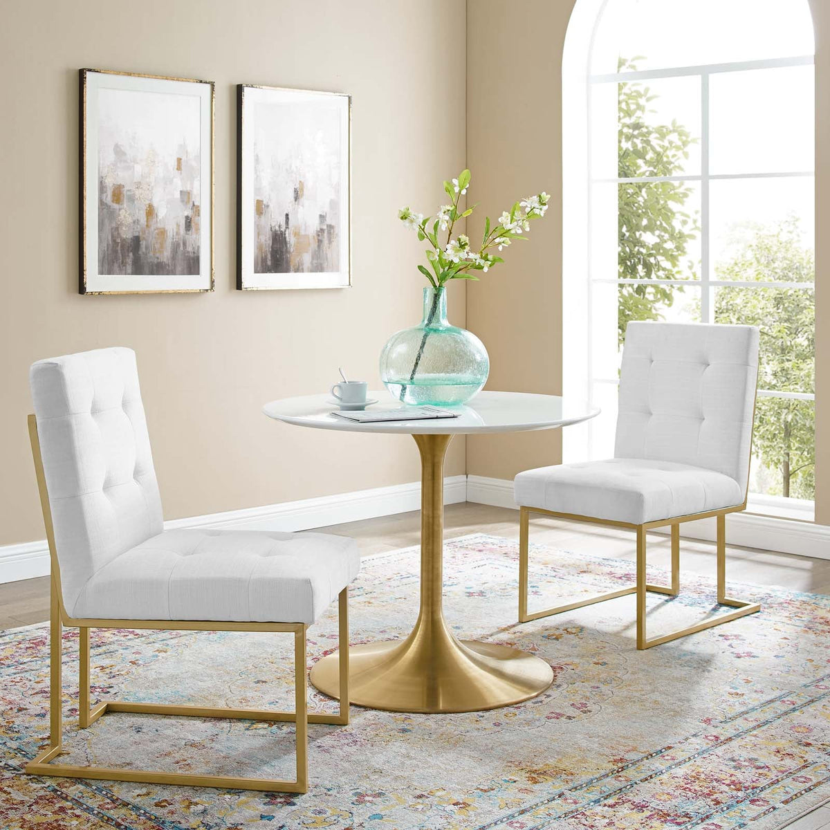 Privy Gold Stainless Steel Upholstered Fabric Dining Accent Chair Set of 2, Gold White - view 4