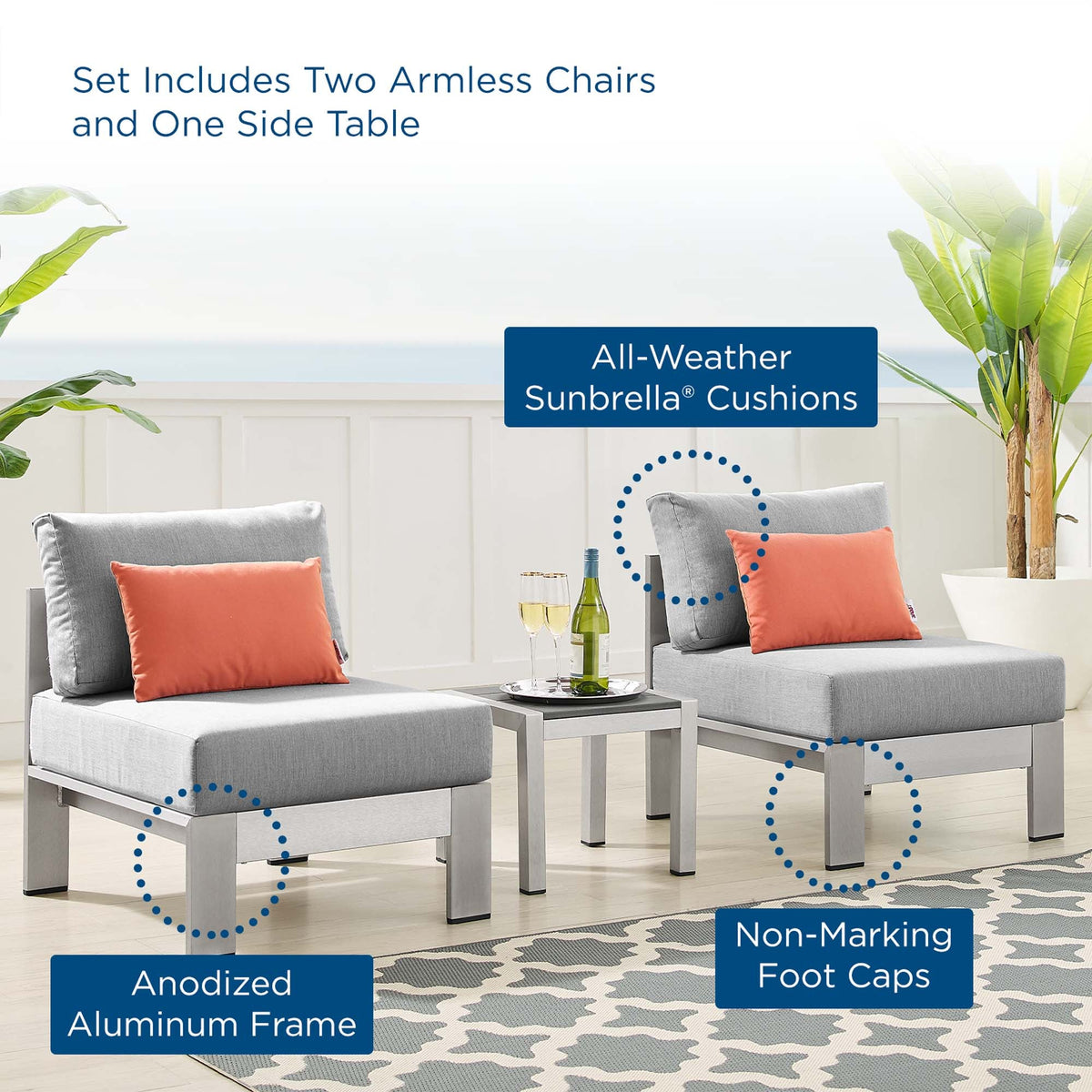 Shore 3 Piece Sunbrella® Fabric Outdoor Aluminum Set