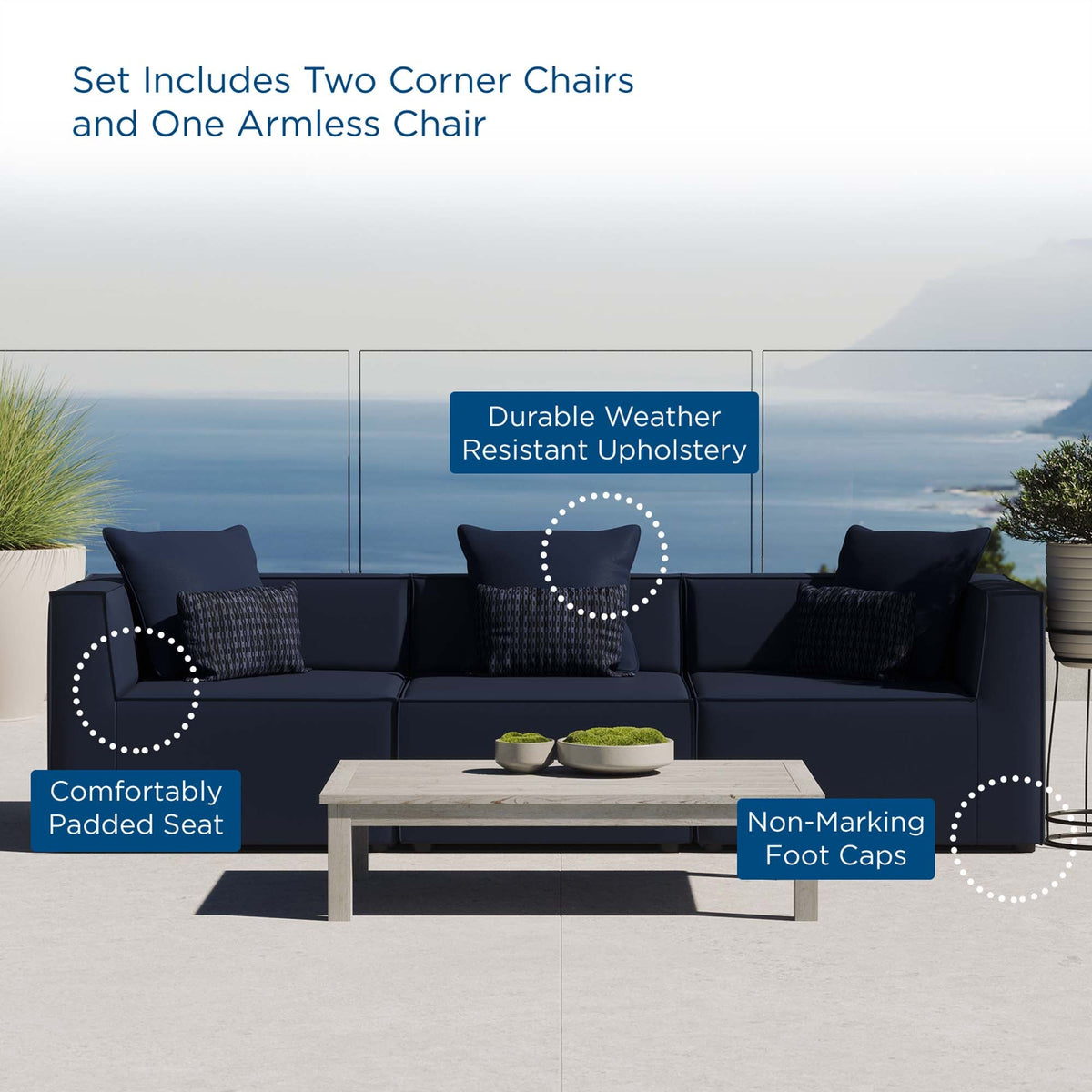 Saybrook Outdoor Patio Upholstered 3-Piece Sectional Sofa