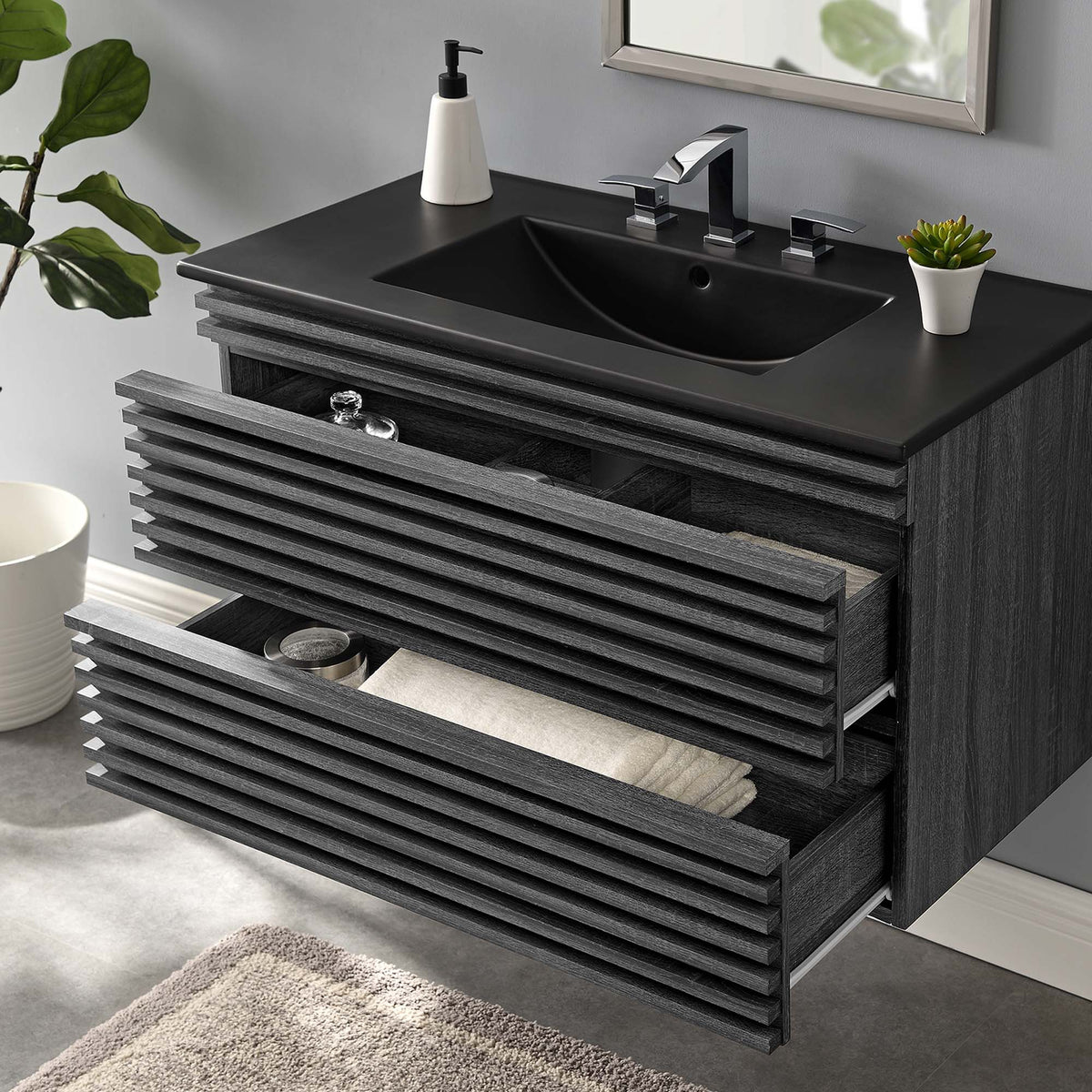 Render Wall-Mount Bathroom Vanity with Black Basin Included