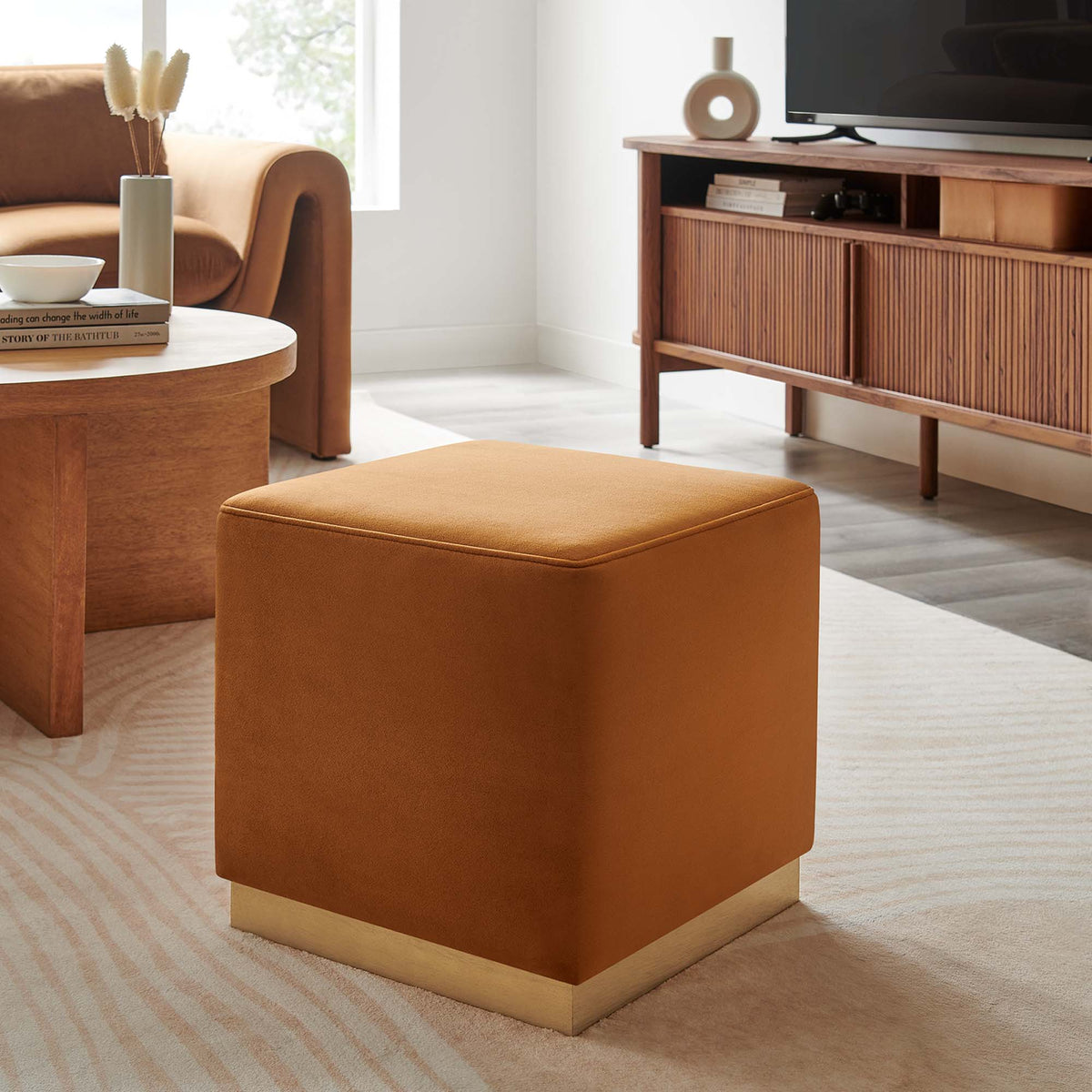 Tilden 17" Square Performance Velvet Upholstered Ottoman