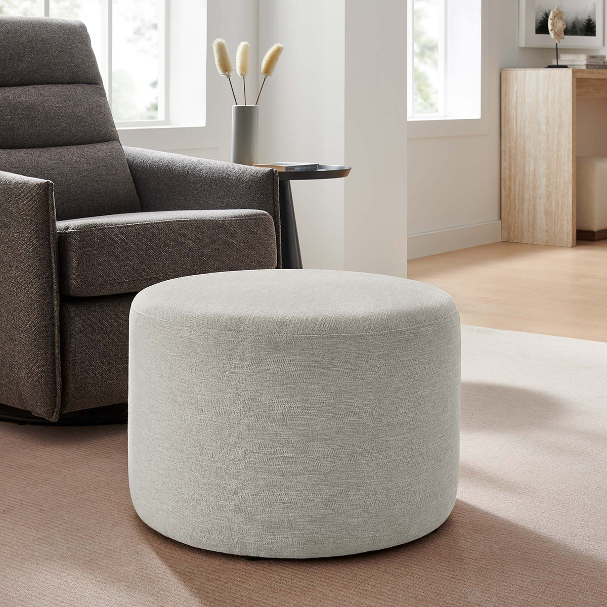 Callum Large 23" Round Woven Heathered Fabric Upholstered Ottoman - view 22