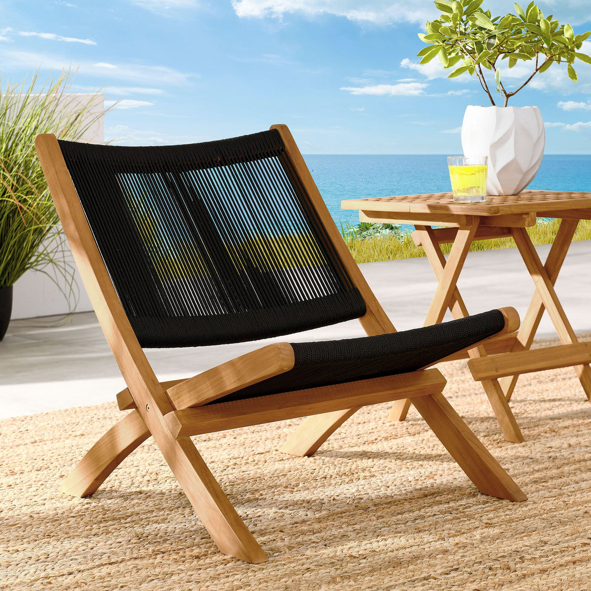 Vienna Outdoor Patio Teak and Rope Folding Accent Lounge Chair - view 16