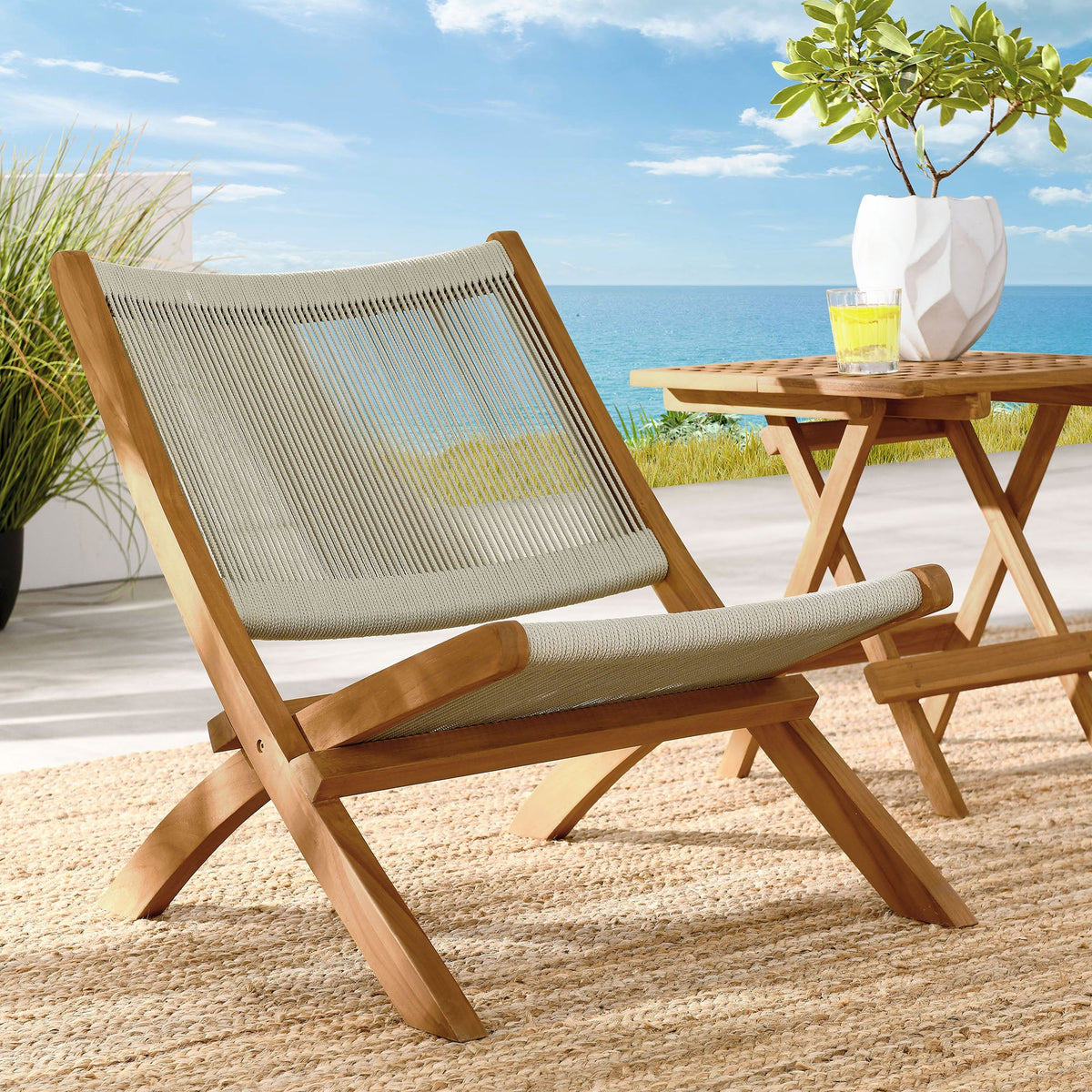 Vienna Outdoor Patio Teak and Rope Folding Accent Lounge Chair - view 15