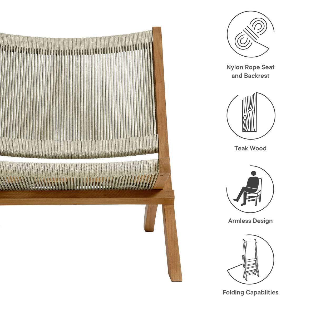 Vienna Outdoor Patio Teak and Rope Folding Accent Lounge Chair - view 17
