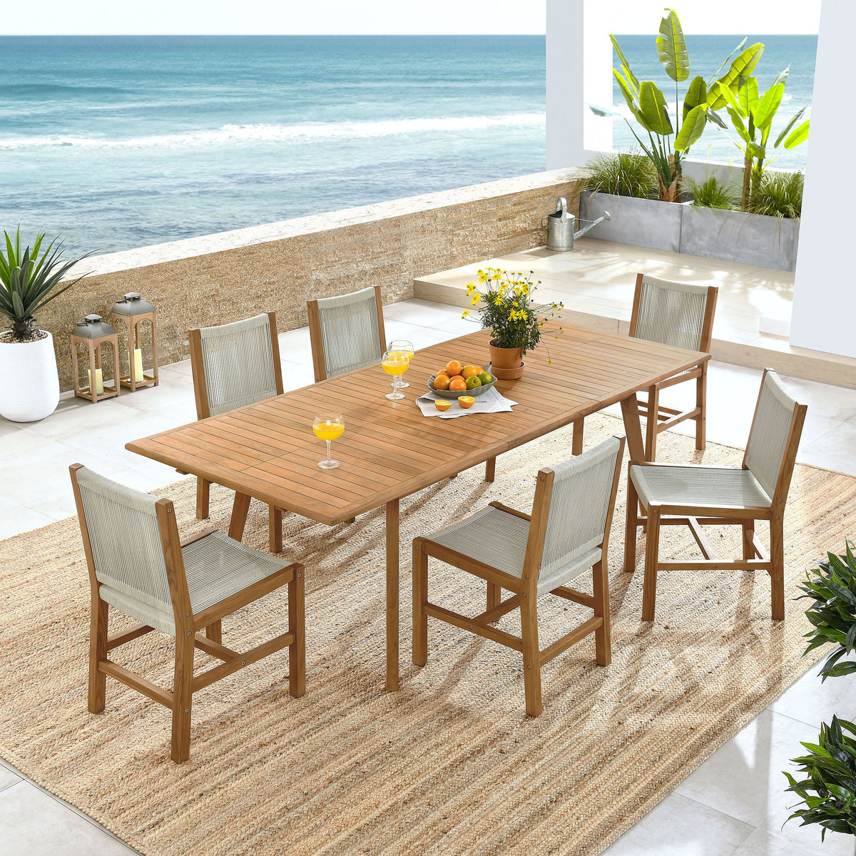 Vienna 7-Piece Outdoor Patio Teak and Rope Dining Set with Armless Chairs - view 5