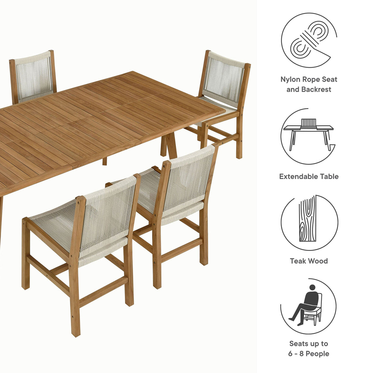 Vienna 7-Piece Outdoor Patio Teak and Rope Dining Set with Armless Chairs - view 7