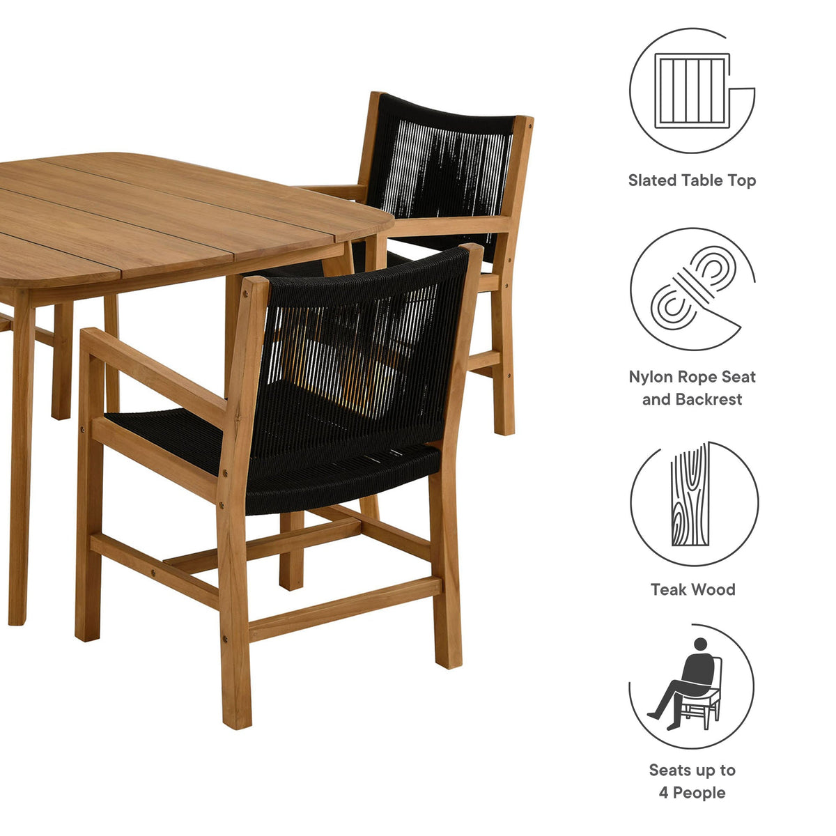 Vienna 5-Piece Outdoor Patio Teak and Rope Dining Set with Armchairs