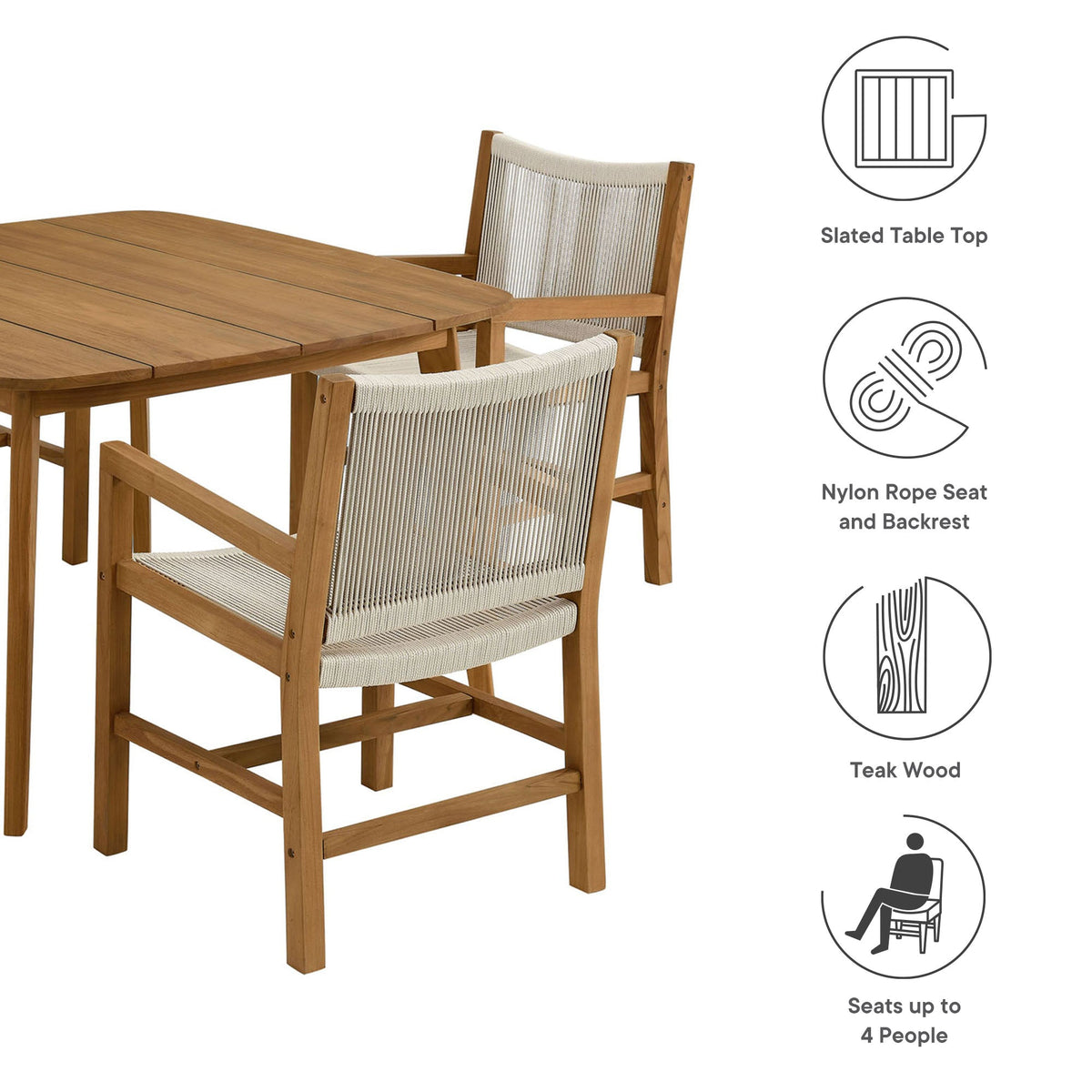 Vienna 5-Piece Outdoor Patio Teak and Rope Dining Set with Armchairs