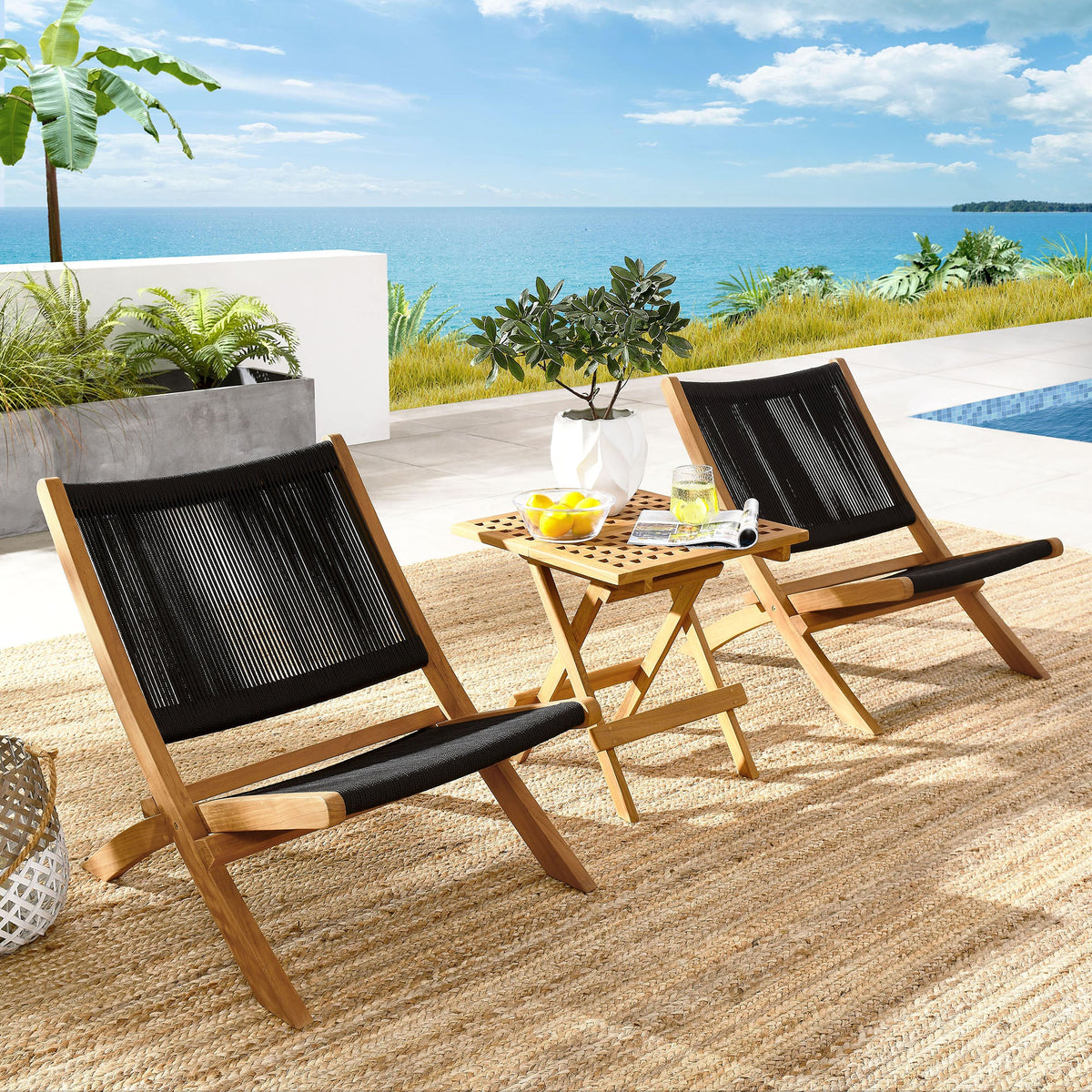 Vienna 3-Piece Outdoor Patio Teak and Rope Folding Lounge Chairs and Side Table - view 6
