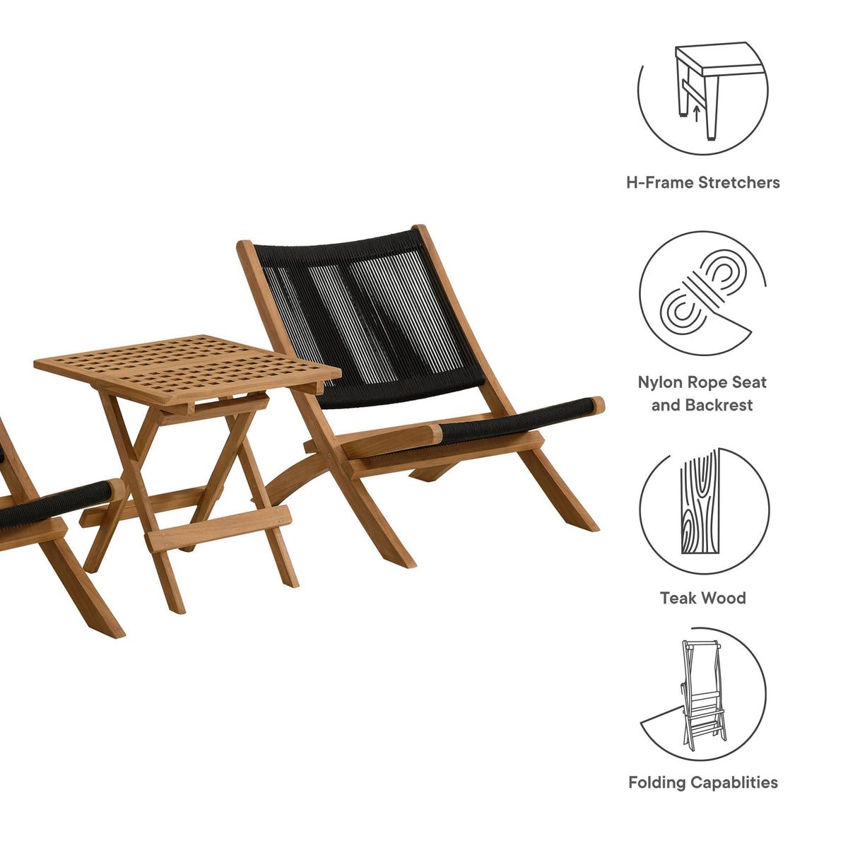 Vienna 3-Piece Outdoor Patio Teak and Rope Folding Lounge Chairs and Side Table - view 8