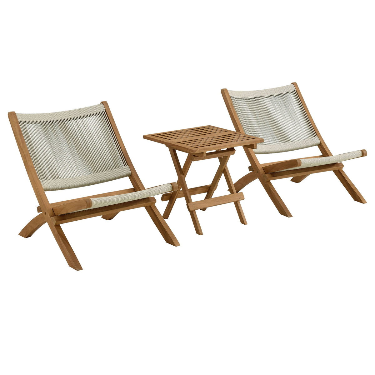 Vienna 3-Piece Outdoor Patio Teak and Rope Folding Lounge Chairs and Side Table - view 1