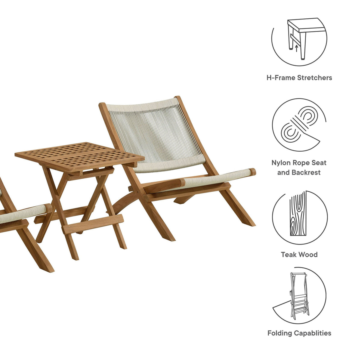 Vienna 3-Piece Outdoor Patio Teak and Rope Folding Lounge Chairs and Side Table - view 7